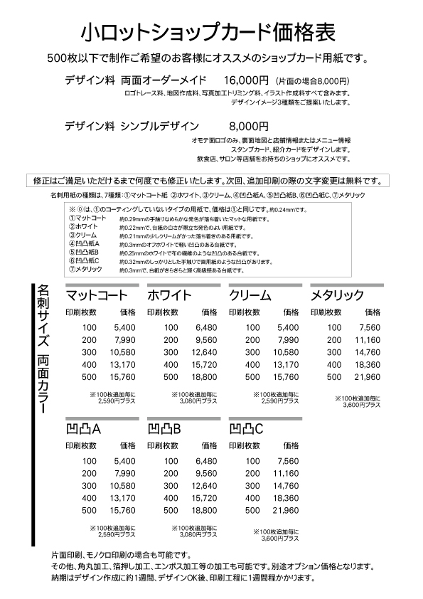 料金表 ショップカード屋ドットコム